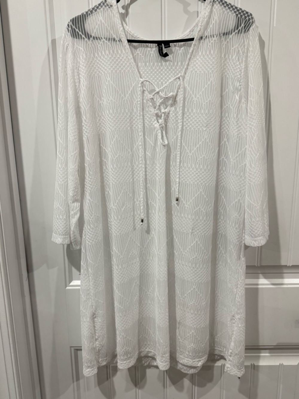 Portocruz Lace Tunic 1X White Boho Cover Up Sheer Crochet Beach Top Plus Size - Picture 2 of 4